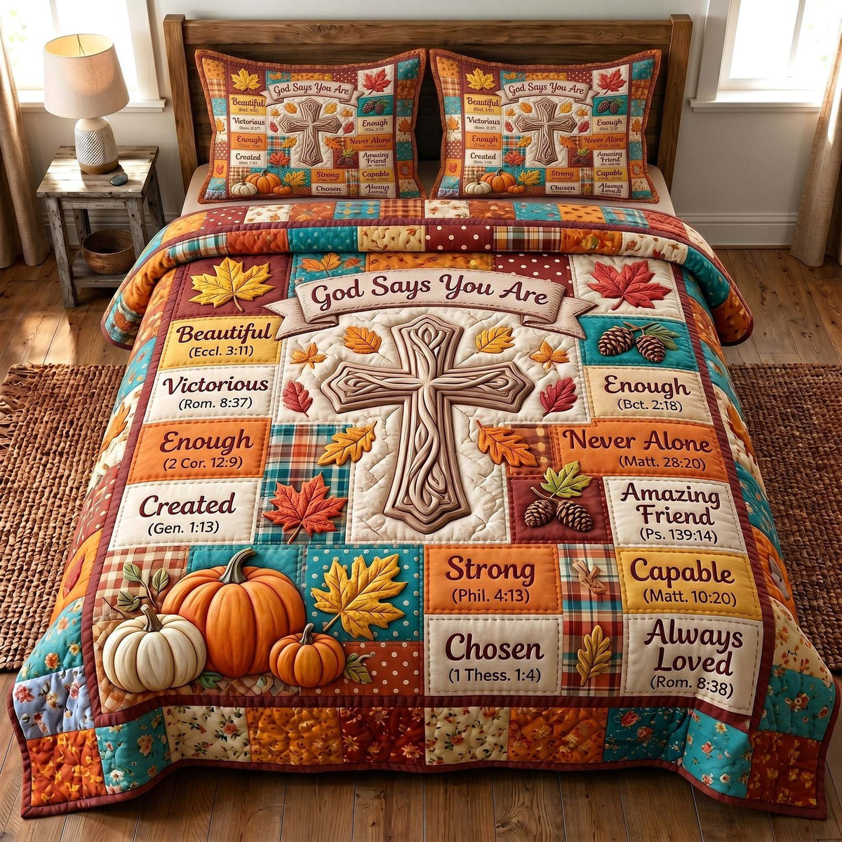 Faithful Autumn quilted 3-piece bedding set on a made bed in a softly lit bedroom