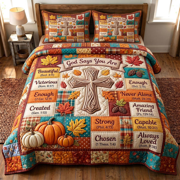 Faithful Autumn quilted 3-piece bedding set on a made bed in a softly lit bedroom