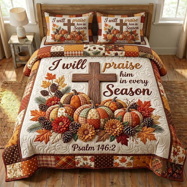 Faithful Autumn quilted 3-piece bedding set on a made bed in a softly lit bedroom