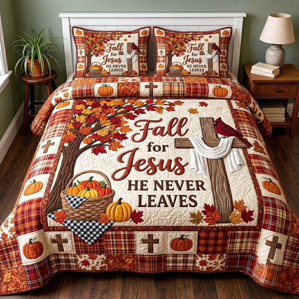 Faithful Autumn quilted 3-piece bedding set on a made bed in a softly lit bedroom