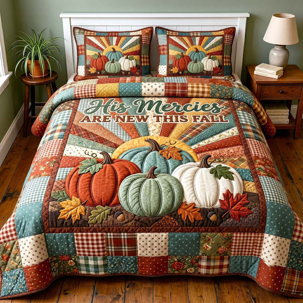 Faithful Autumn quilted 3-piece bedding set on a made bed in a softly lit bedroom
