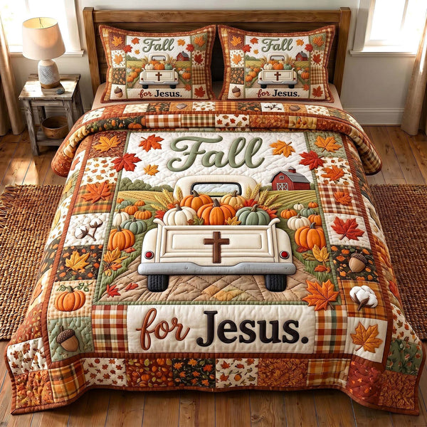 Faithful Autumn quilted 3-piece bedding set on a made bed in a softly lit bedroom