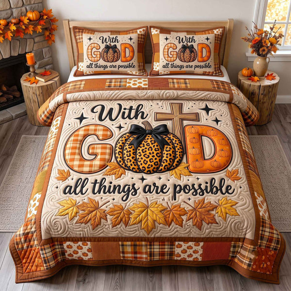 Faithful Autumn quilted 3-piece bedding set on a made bed in a softly lit bedroom