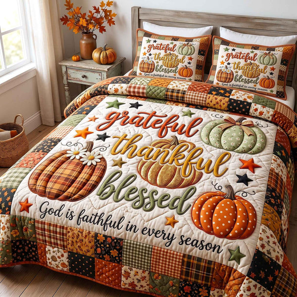 Faithful Autumn quilted 3-piece bedding set on a made bed in a softly lit bedroom