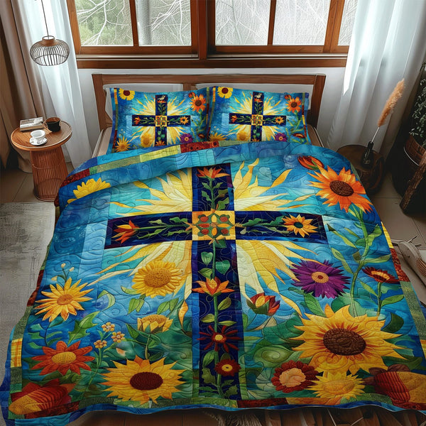 Faithful Blooms quilted 3-piece bedding set on a made bed in a softly lit bedroom