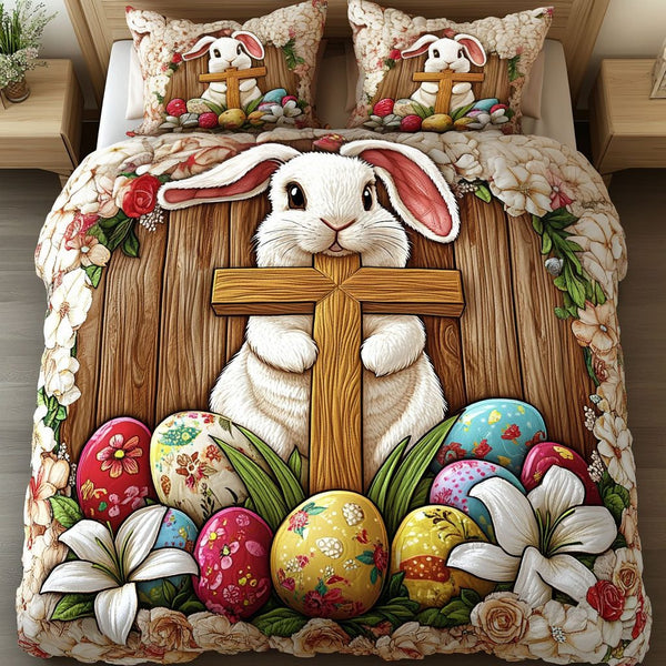 Faithful Bunny Glow quilted 3-piece bedding set on a made bed in a softly lit bedroom