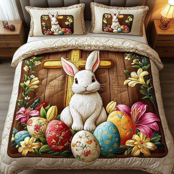 Faithful Bunny quilted 3-piece bedding set on a made bed in a softly lit bedroom