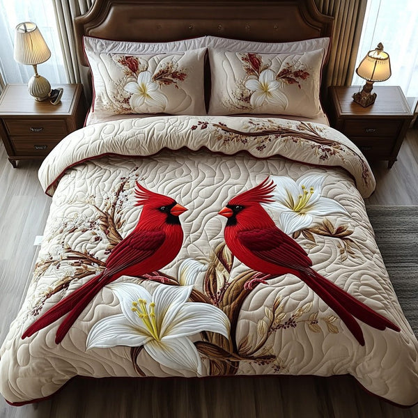 Faithful Cardinal quilted 3-piece bedding set on a made bed in a softly lit bedroom