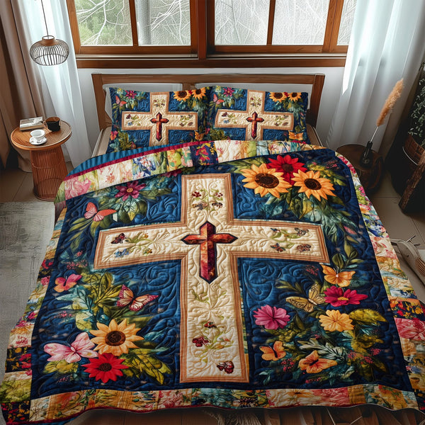 Faithful Cross quilted 3-piece bedding set on a made bed in a softly lit bedroom