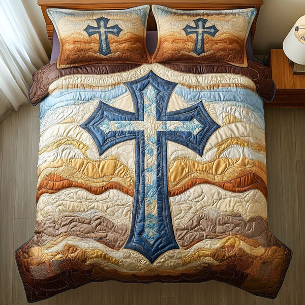 Faithful Embrace quilted 3-piece bedding set on a made bed in a softly lit bedroom