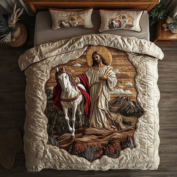 Faithful Field quilted 3-piece bedding set on a made bed in a softly lit bedroom