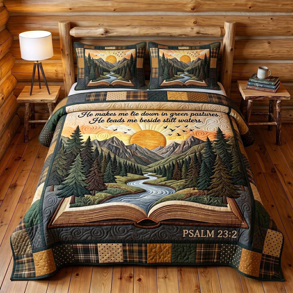 Faithful Forest quilted 3-piece bedding set on a made bed in a softly lit bedroom