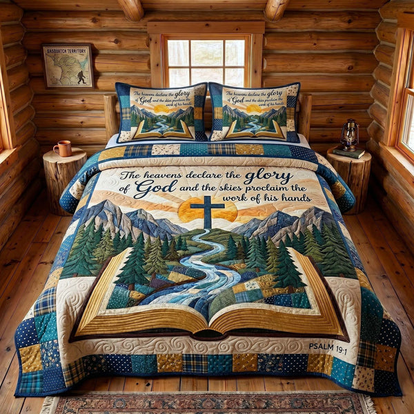 Faithful Forest quilted 3-piece bedding set on a made bed in a softly lit bedroom