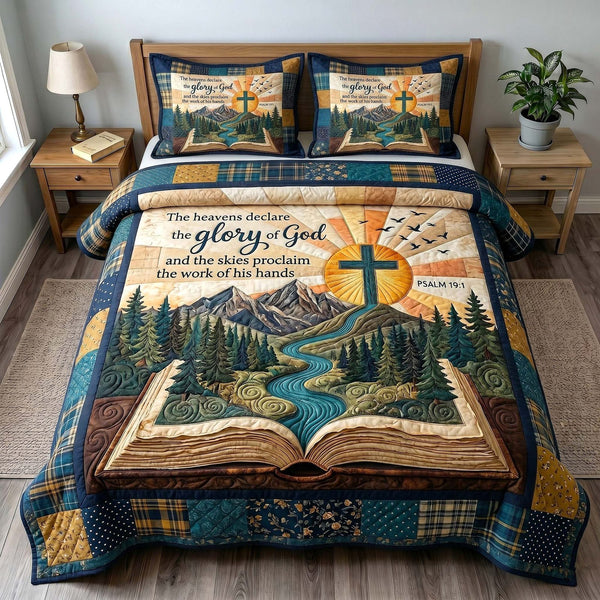 Faithful Forest quilted 3-piece bedding set on a made bed in a softly lit bedroom
