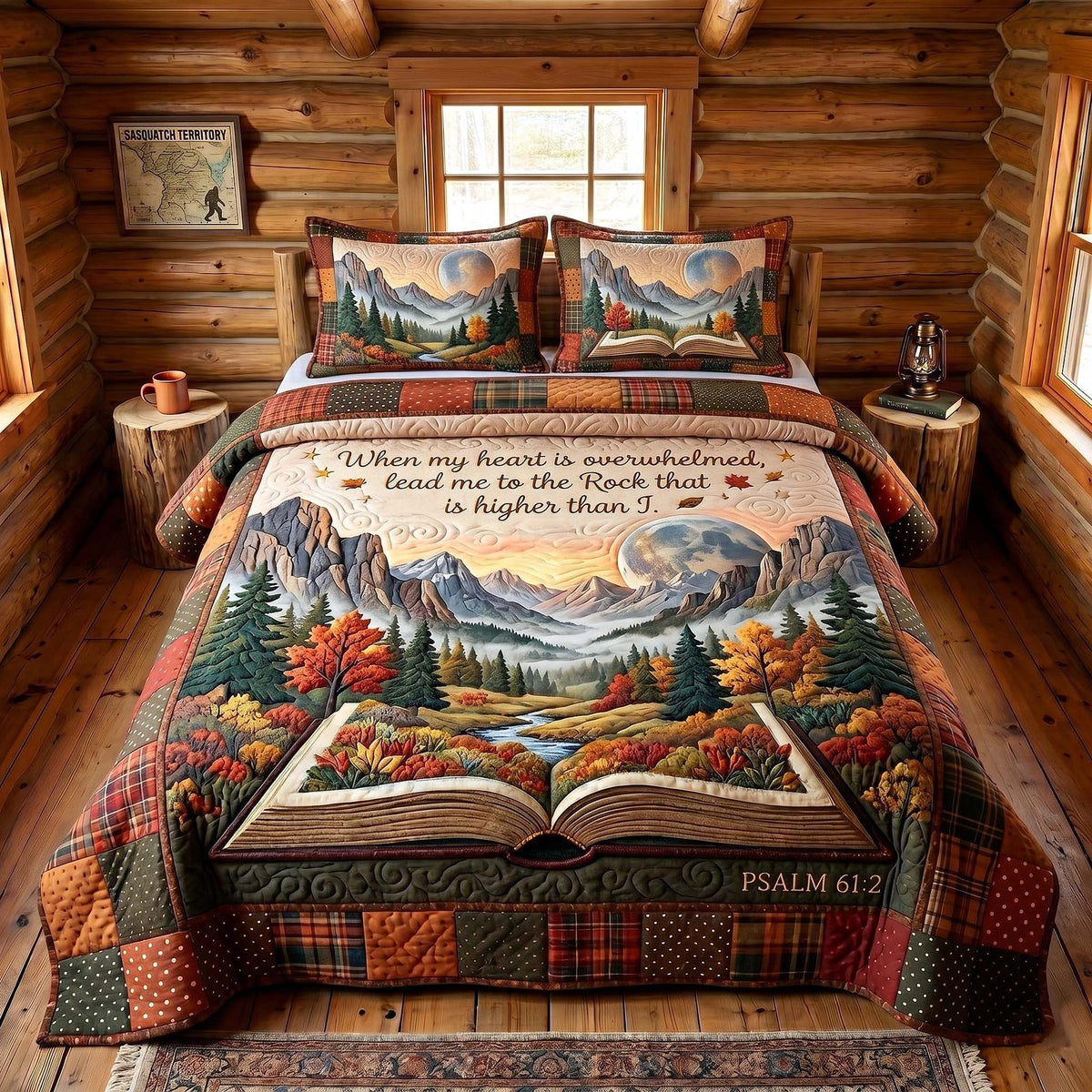 Faithful Forest quilted 3-piece bedding set on a made bed in a softly lit bedroom