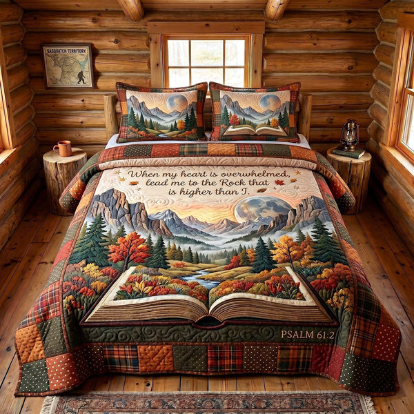 Faithful Forest quilted 3-piece bedding set on a made bed in a softly lit bedroom