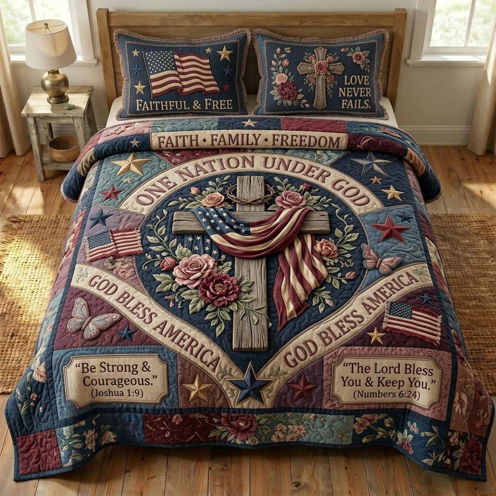 Faithful Freedom quilted 3-piece bedding set on a made bed in a warmly lit bedroom