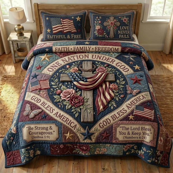 Faithful Freedom quilted 3-piece bedding set on a made bed in a warmly lit bedroom