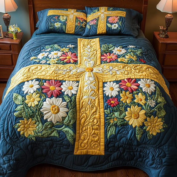 Faithful Garden quilted 3-piece bedding set on a made bed in a softly lit bedroom