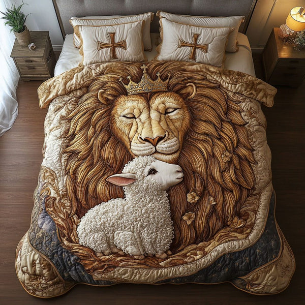 Faithful Guardian quilted 3-piece bedding set on a made bed in a softly lit bedroom