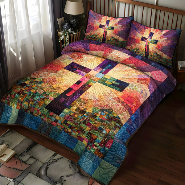 Faithful Journey quilted 3-piece bedding set on a made bed in a softly lit bedroom