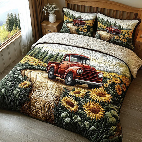 Faithful Ride quilted 3-piece bedding set on a made bed in a softly lit bedroom