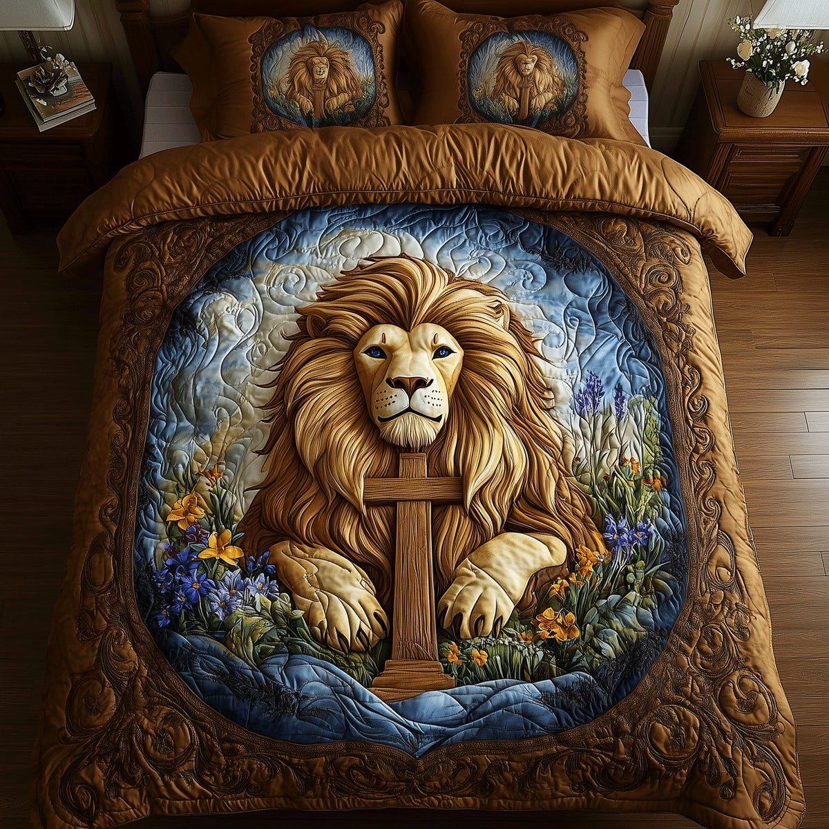 Faithful Roar quilted 3-piece bedding set on a made bed in a softly lit bedroom