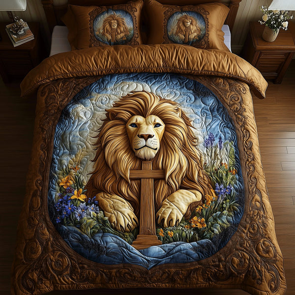 Faithful Roar quilted 3-piece bedding set on a made bed in a softly lit bedroom