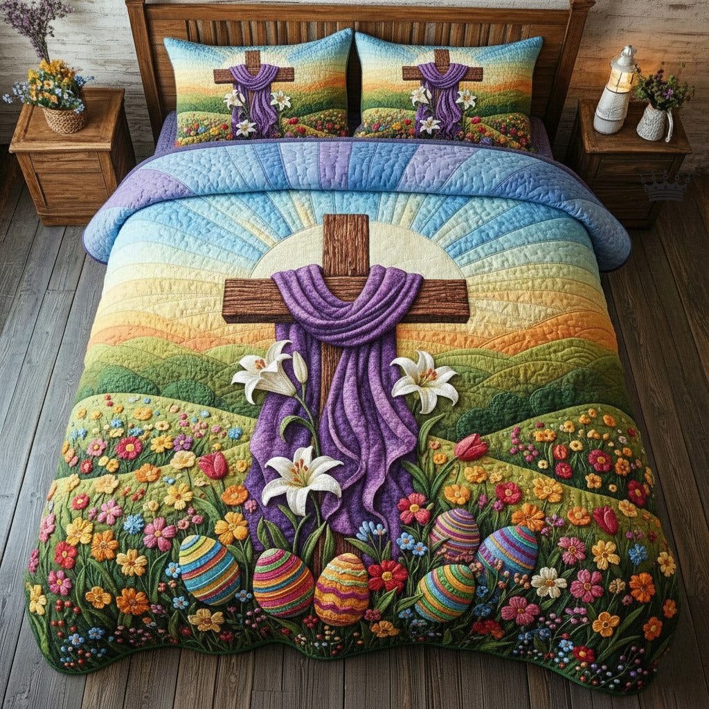 Faithful Sunrise quilted 3-piece bedding set on a made bed in a softly lit bedroom