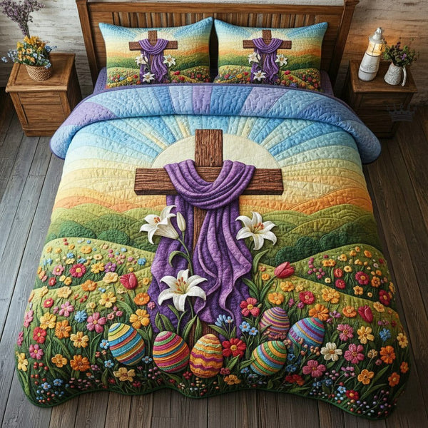 Faithful Sunrise quilted 3-piece bedding set on a made bed in a softly lit bedroom