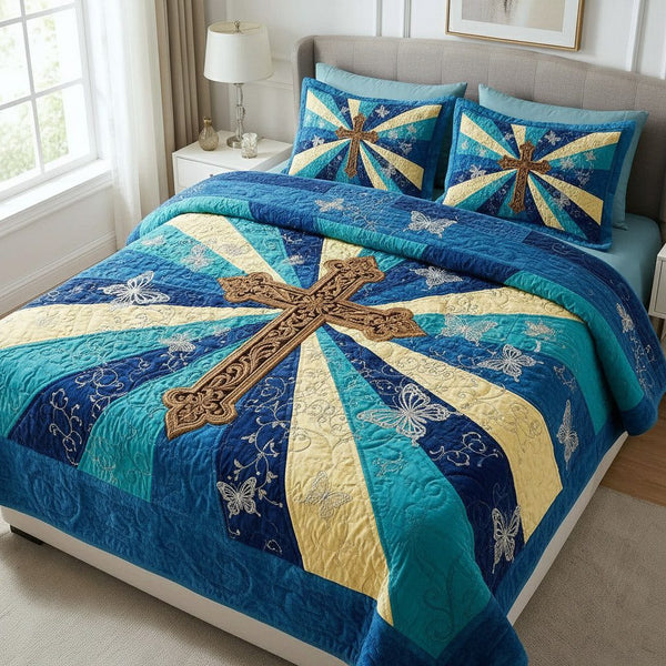 Faithful Sunrise quilted 3-piece bedding set on a made bed in a softly lit bedroom