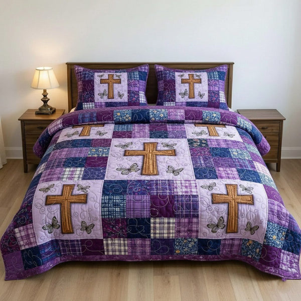 Faithful Sunrise quilted 3-piece bedding set on a made bed in a softly lit bedroom