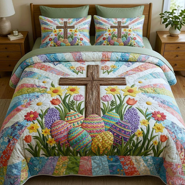 Faithful Sunrise quilted 3-piece bedding set on a made bed in a softly lit bedroom