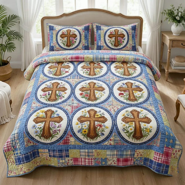Faithful Sunrise quilted 3-piece bedding set on a made bed in a softly lit bedroom
