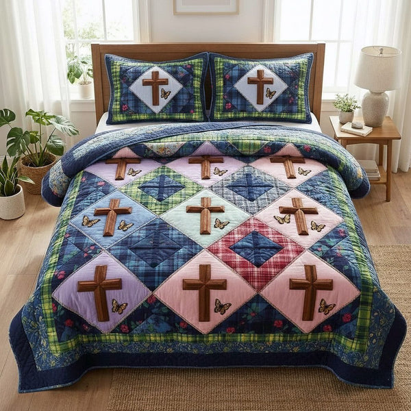 Faithful Sunrise quilted 3-piece bedding set on a made bed in a softly lit bedroom