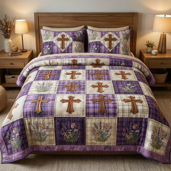 Faithful Sunrise quilted 3-piece bedding set on a made bed in a softly lit bedroom