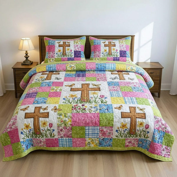 Faithful Sunrise quilted 3-piece bedding set on a made bed in a softly lit bedroom