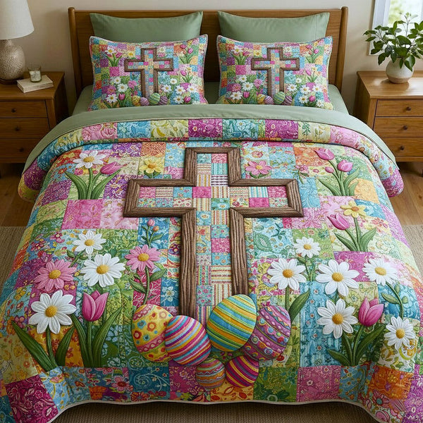 Faithful Sunrise quilted 3-piece bedding set on a made bed in a softly lit bedroom