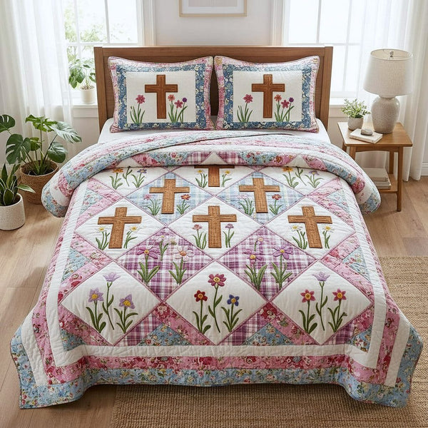 Faithful Sunrise quilted 3-piece bedding set on a made bed in a softly lit bedroom