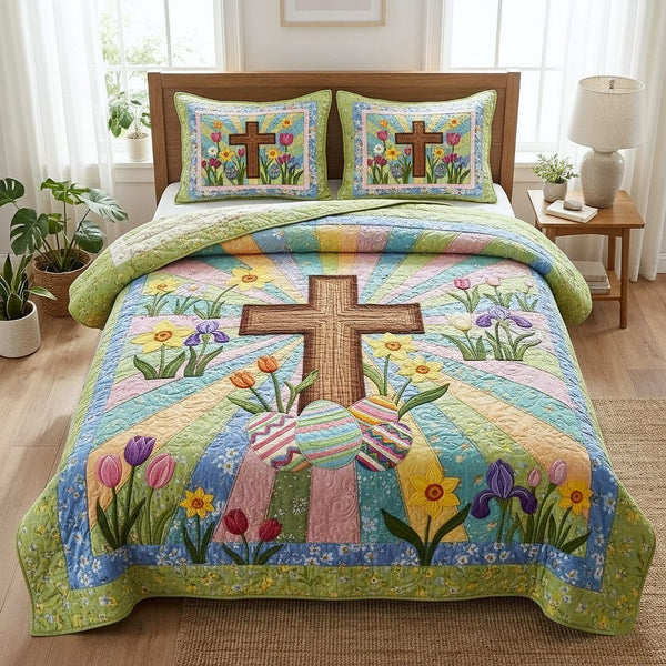 Faithful Sunrise quilted 3-piece bedding set on a made bed in a softly lit bedroom