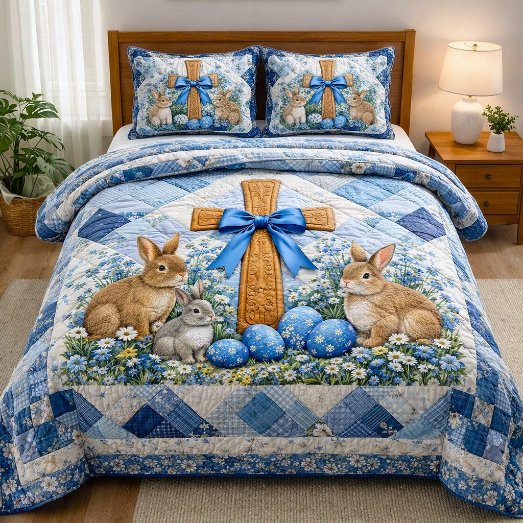 Faithful Sunrise quilted 3-piece bedding set on a made bed in a softly lit bedroom