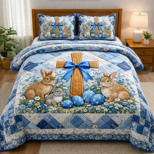 Faithful Sunrise quilted 3-piece bedding set on a made bed in a softly lit bedroom