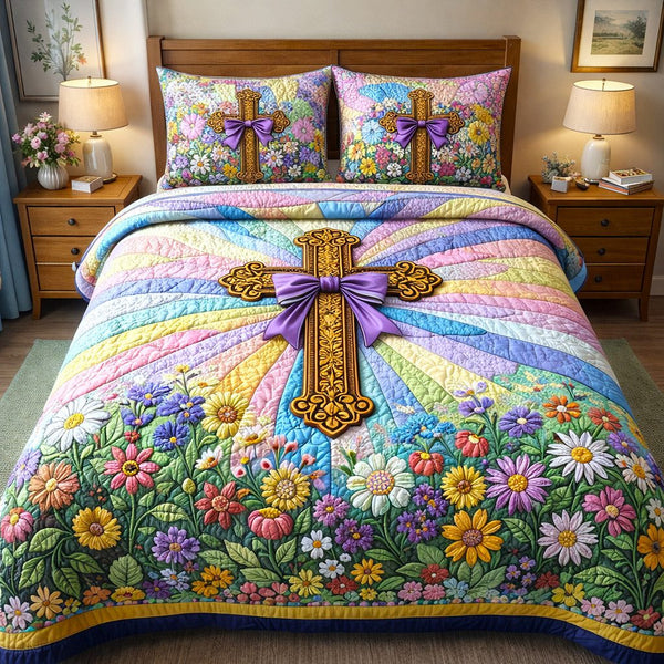 Faithful Sunrise quilted 3-piece bedding set on a made bed in a softly lit bedroom