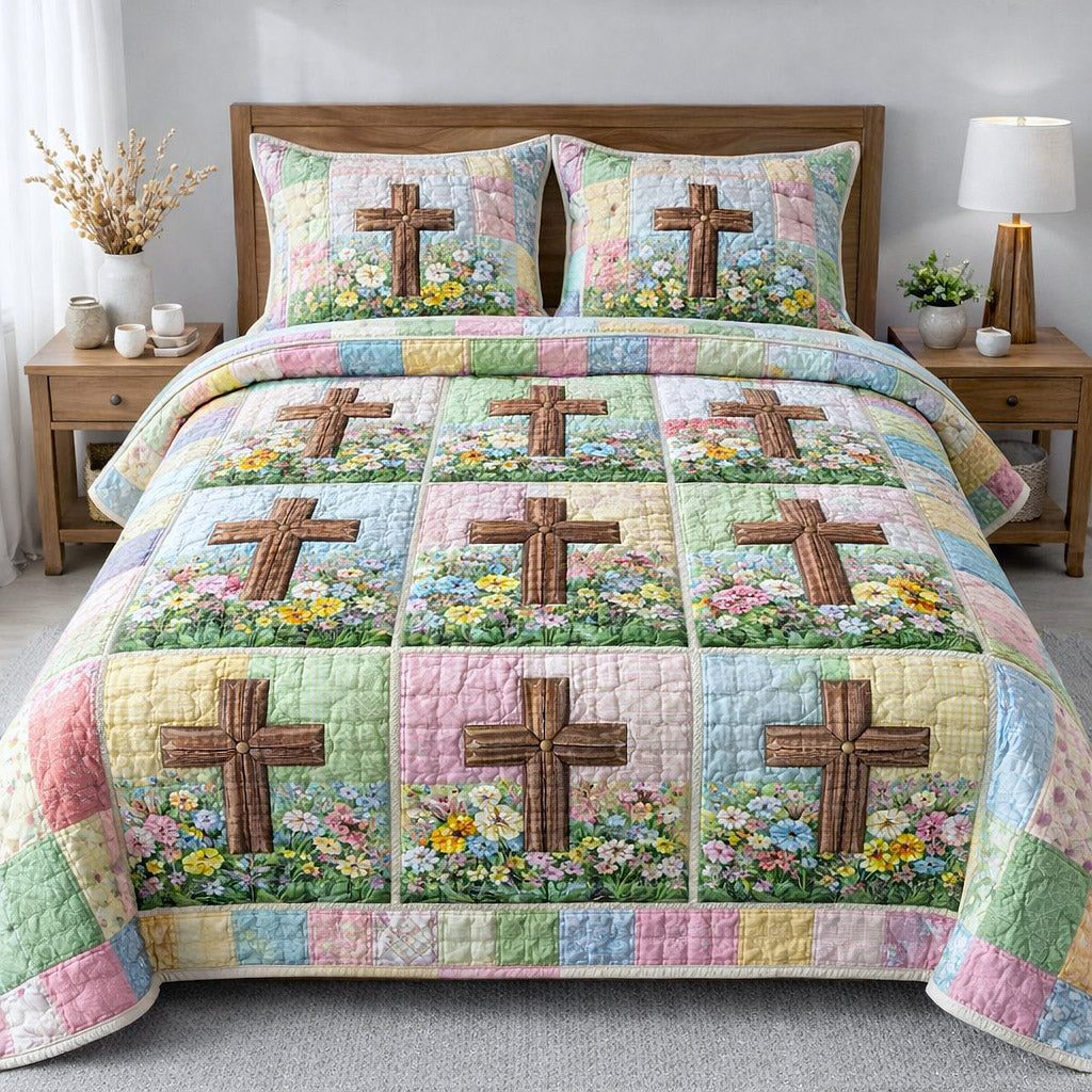 Faithful Sunrise quilted 3-piece bedding set on a made bed in a softly lit bedroom