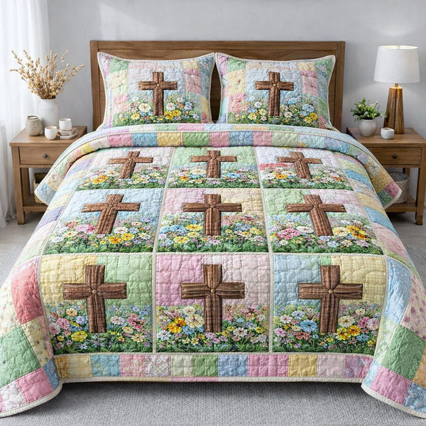 Faithful Sunrise quilted 3-piece bedding set on a made bed in a softly lit bedroom