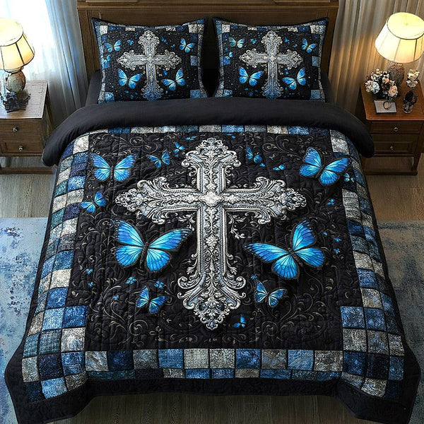 Faithful Sunrise quilted 3-piece bedding set on a made bed in a softly lit bedroom