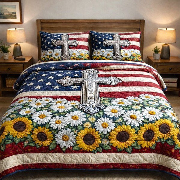 Faithful Sunrise quilted 3-piece bedding set on a made bed in a softly lit bedroom