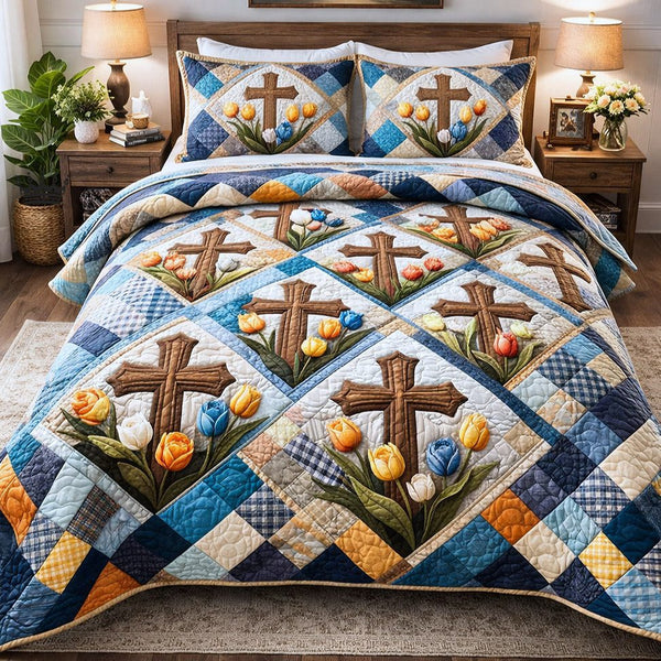 Faithful Sunrise quilted 3-piece bedding set on a made bed in a softly lit bedroom