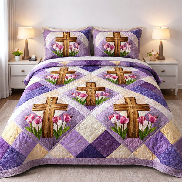 Faithful Sunrise quilted 3-piece bedding set on a made bed in a softly lit bedroom