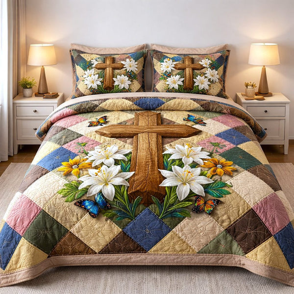 Faithful Sunrise quilted 3-piece bedding set on a made bed in a softly lit bedroom